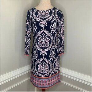 Vince Camuto Navy, White, and Pink Paisley Print Shift Long Sleeve Dress Size 6